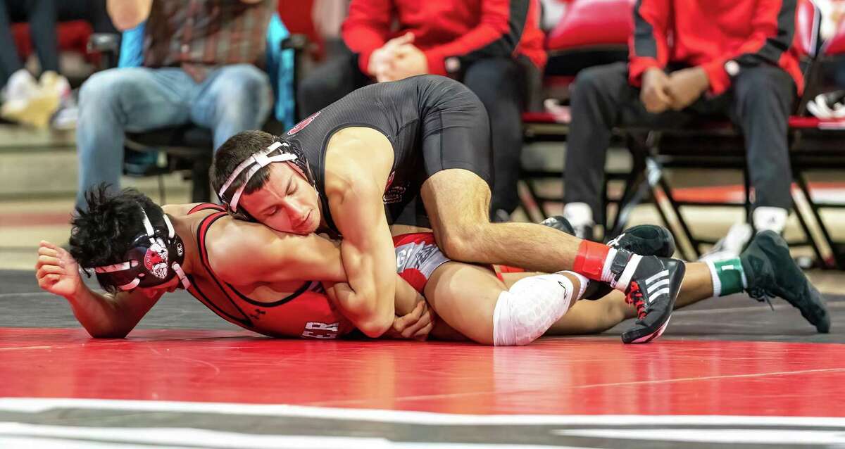Danbury’s Jakob Camacho in action for the North Carolina State wrestling team.