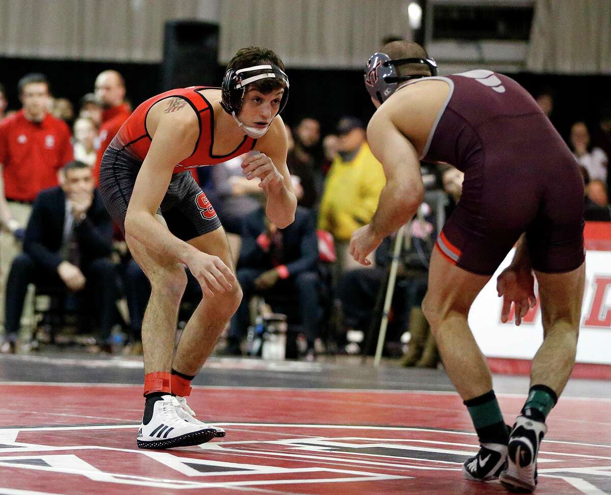 Danbury’s Kevin Jack in action for the North Carolina State wrestling team. Jack graduated from NC State in 2018 and is now on an assistant coach.