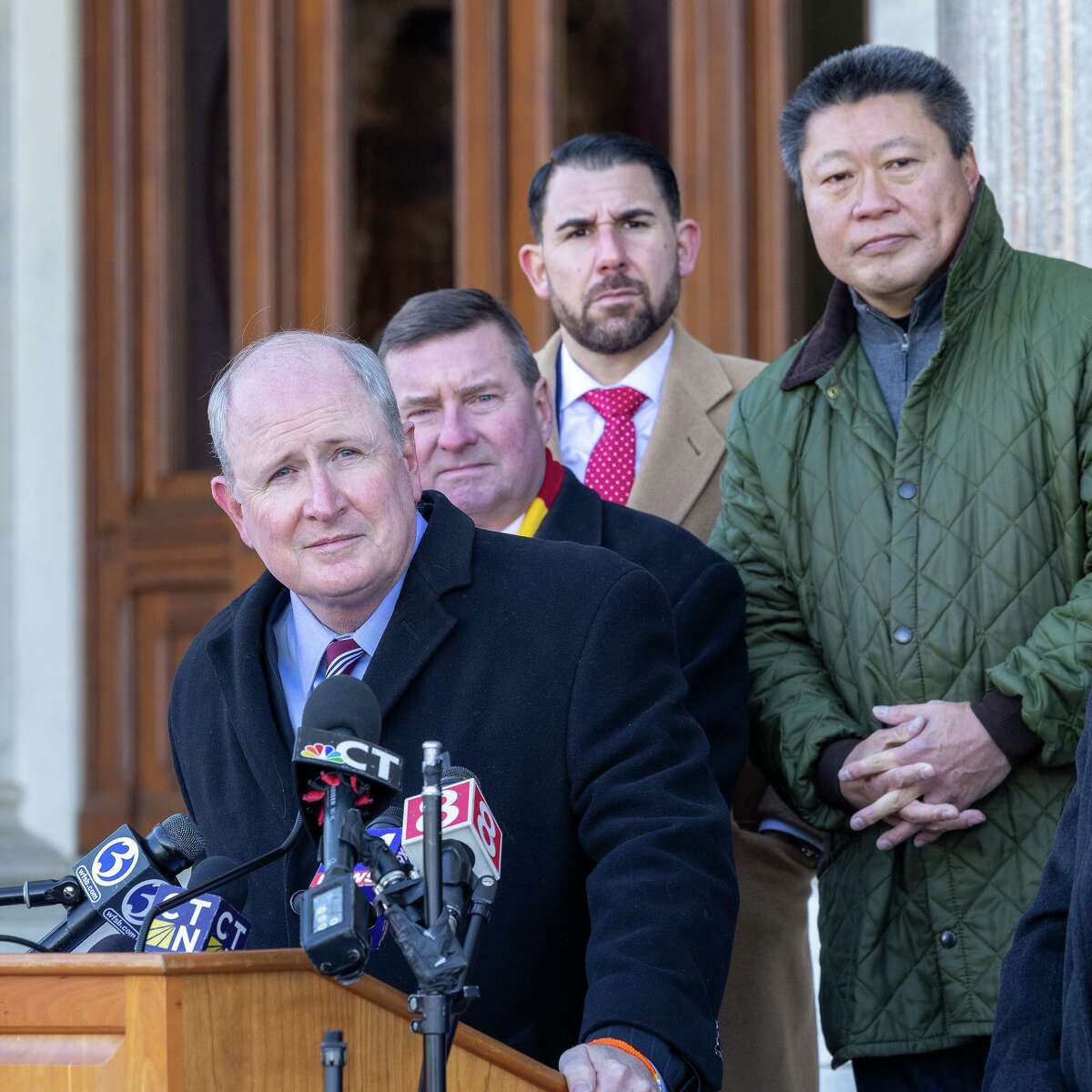 State Senate Minority Leader Kevin Kelly, R-Stratford, during a recent news conference outside the State Capitol.