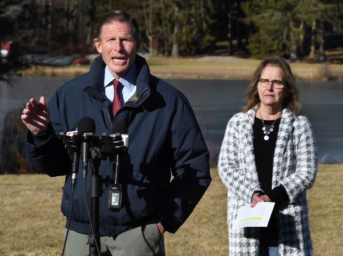 Senator Richard Blumenthal (left) speaks at a press conference at Deer Lake Scout Reservation in Killingworth on January 27, 2022.