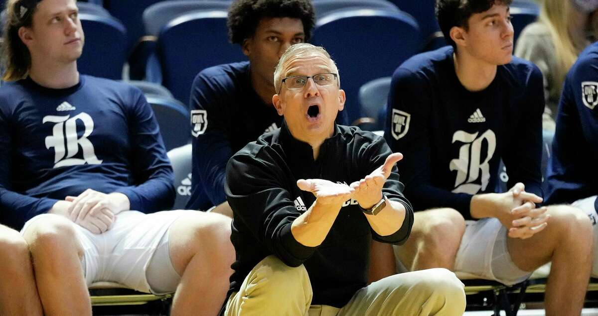 Rice head coach Scott Pera argues a call during the second half of an NCAA college basketball game against Old Dominion, Thursday, Jan. 20, 2022, in Houston.