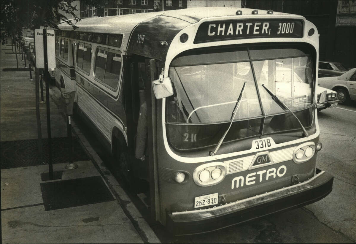 A Metro bus in downtown Houston, 1981. The first of 122 rebuilt General Motors Dreamliner buses has been returned to the Metropolitan Transit Authority for testing. The buses are being rebuilt by the Blitz Corporation of Chicago at a cost of about $83,000 each, compared to a $150,000 price tag for new buses. They are expected to arrive in Houston at a rate of five a week through June in order to supplement the highly temperamental fleet of new buses next summer. 