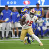 INGLEWOOD, CA - JANUARY 9: Deebo Samuel #19 of the San Francisco 49ers runs after making a catch for a 43-yard gain during the game against the Los Angeles Rams at SoFi Stadium on January 9, 2022 in Inglewood, California. The 49ers defeated the Rams 27-24. (Photo by Michael Zagaris/San Francisco 49ers/Getty Images)