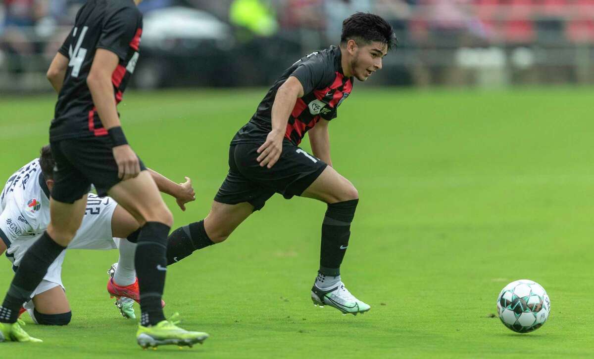 San Antonio FC's Jose Gallegos races to a loose ball Friday evening, July 9, 2021 at Toyota Field during the team's match against UNAM Puma.