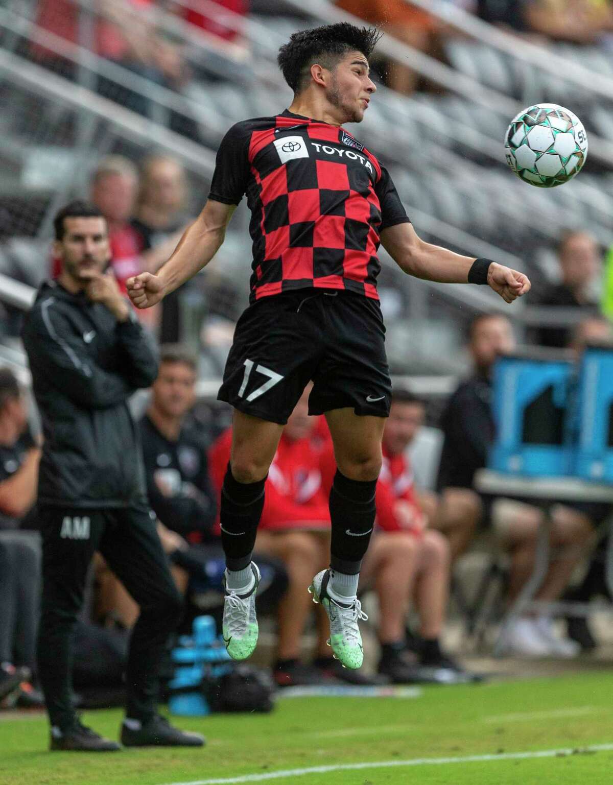 San Antonio FC's Jose Gallegos heads the ball Friday evening, July 9, 2021 at Toyota Field during the team's match against UNAM Puma.