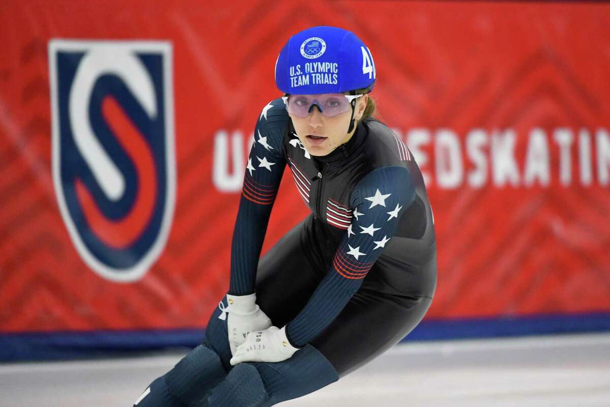 Kristen Santos warms up on Day 2 of the US Short Track Speed Skating Olympic Trials at Utah Olympic Oval on December 18, 2021 in Kearns, Utah.