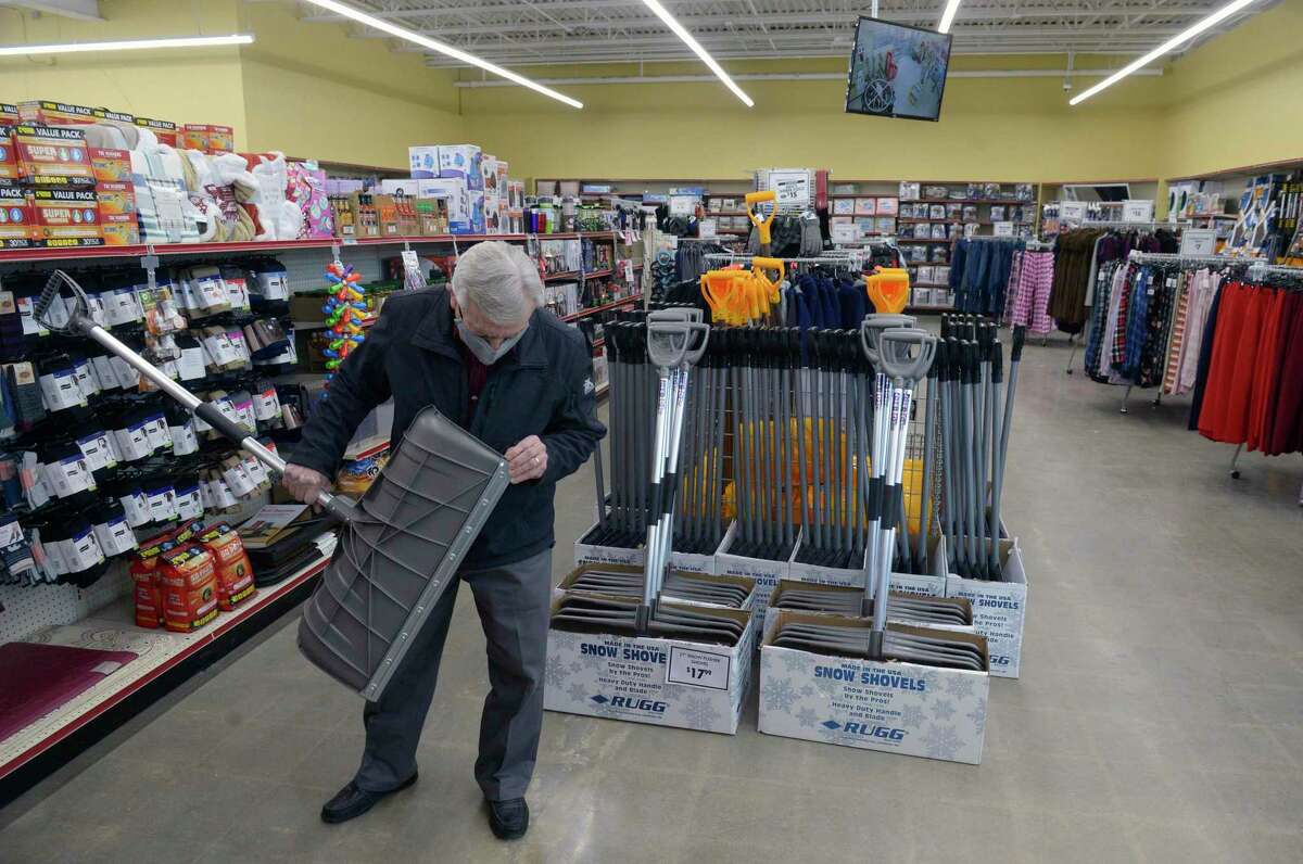 Bob Kacmarsky, of Danbury, went shopping for a new snow shovel Friday morning before the forecasted snow storm. He found it at Ocean State Job Lots right when he walked in the door. January 28, 2022, Danbury, Conn.