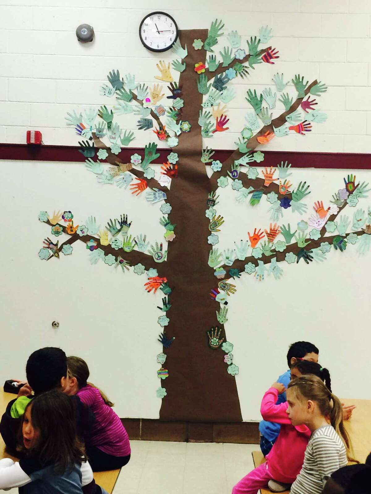 A Ben’s Bells tree in the Great Plain Elementary School in Danbury blooms with leaves of kind hands and the Ben's Bells flower-shaped logo in 2014. Danbury is considering adding classrooms to Great Plain Elementary School to address increasing enrollment.