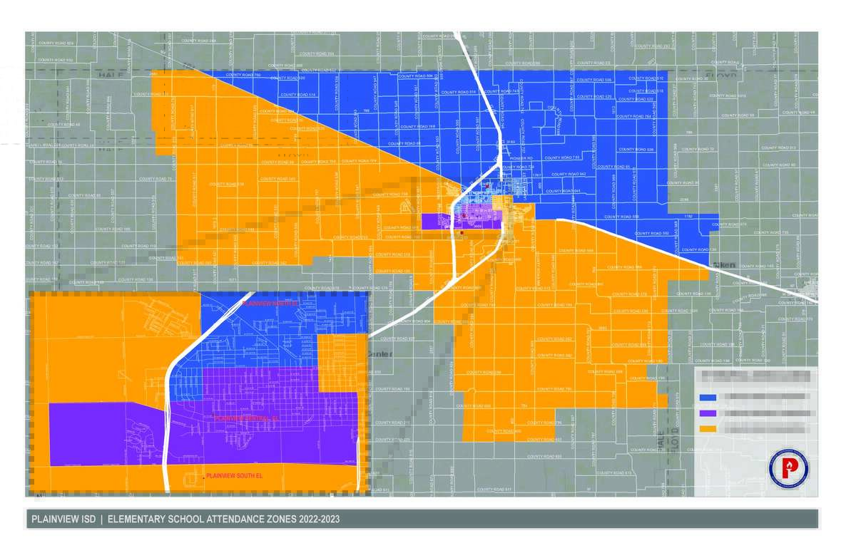 The blue zone is Plainview North Elementary, yellow is Plainview South Elementary and purple is Plainview Central Elementary.