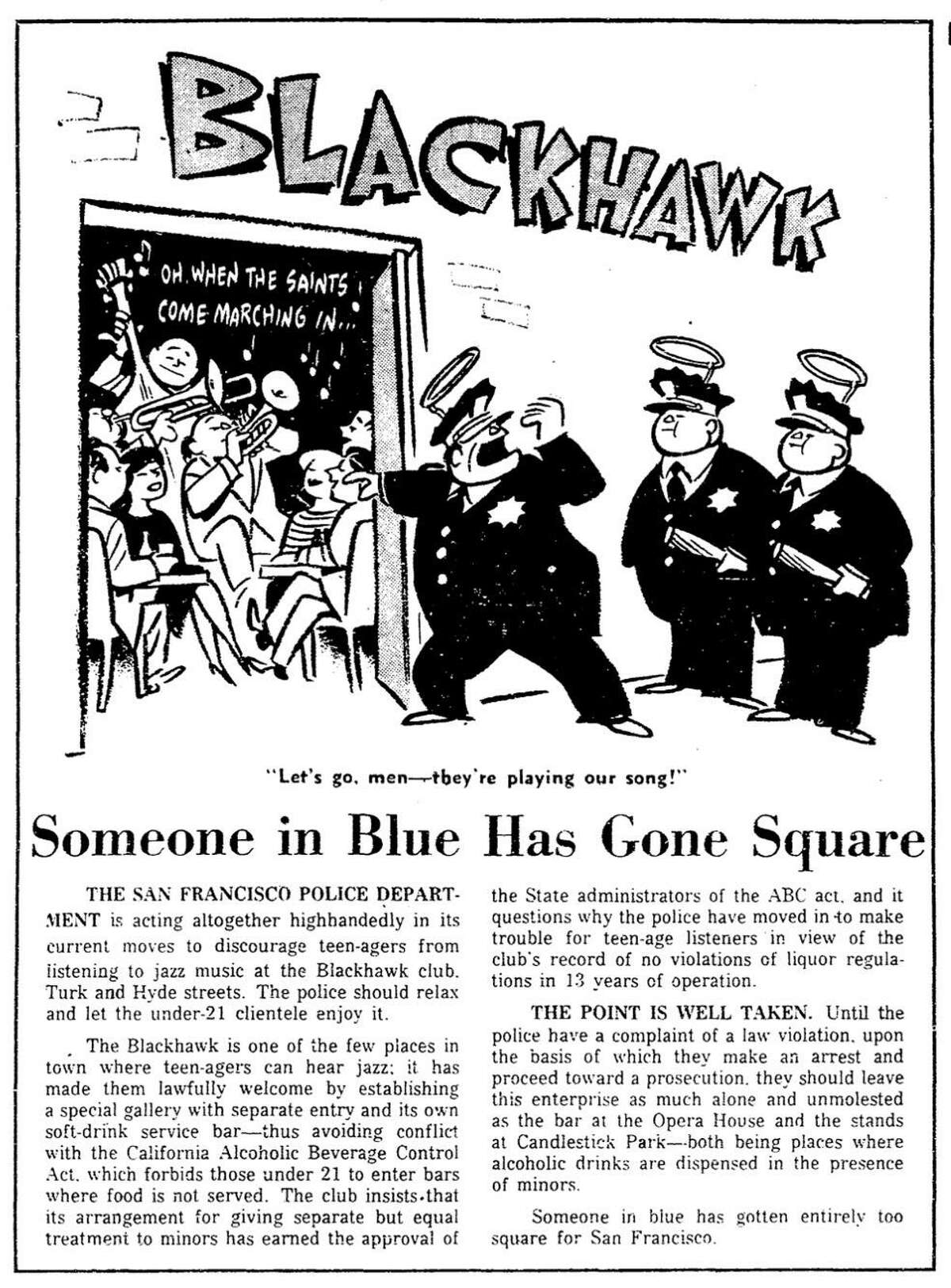 A 1961 Chronicle editorial criticized police attempts to ban teenagers at the Blackhawk jazz club.