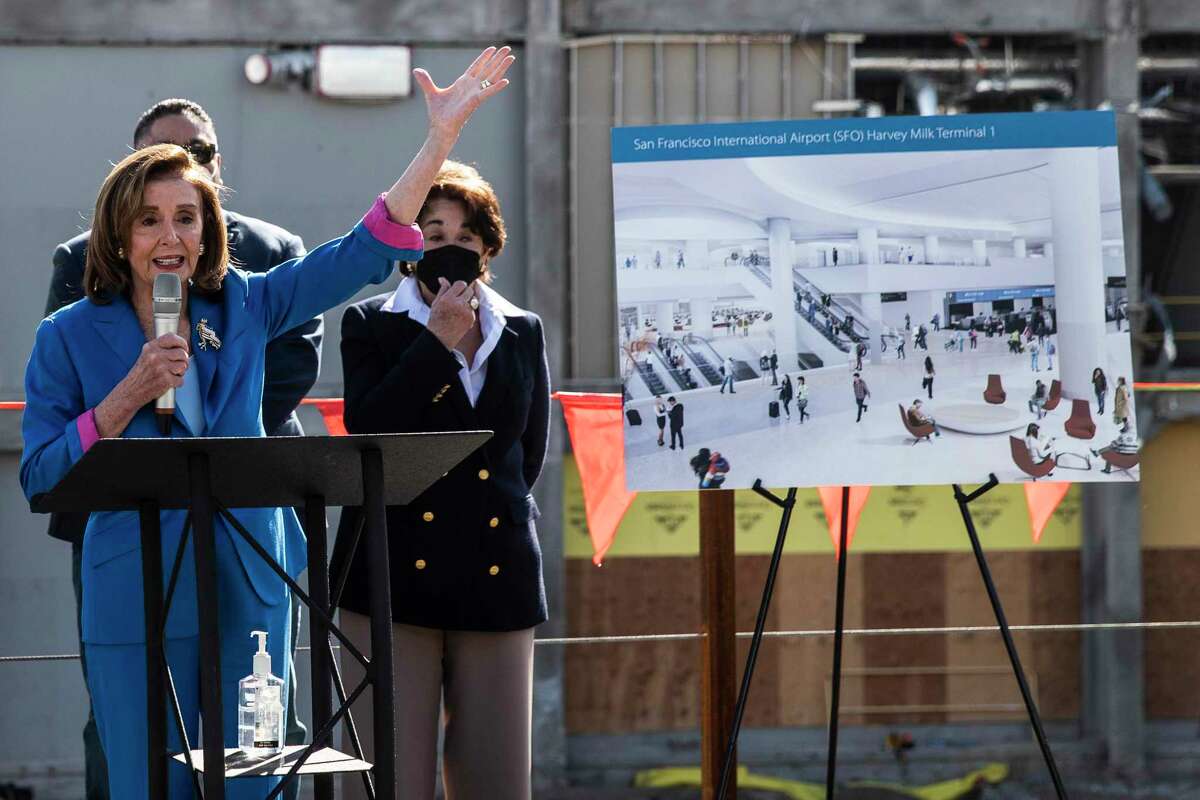 House Speaker Nancy Pelosi, D-S.F., speaks at an event to tout the hundreds of millions of dollars that will flow to San Francisco International Airport for upgrades in the next few years.