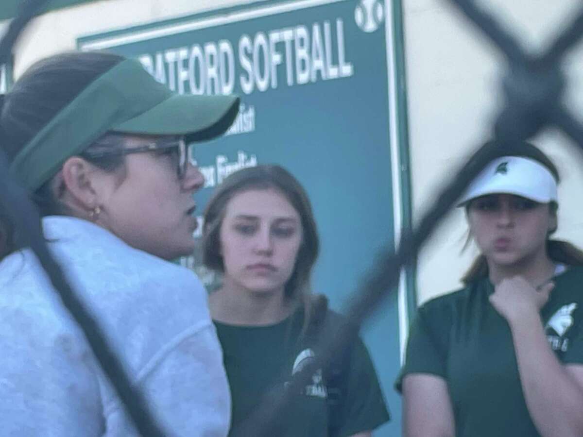 Stratford softball coach Meghan Slattery talks to the team after practice on Jan. 27.