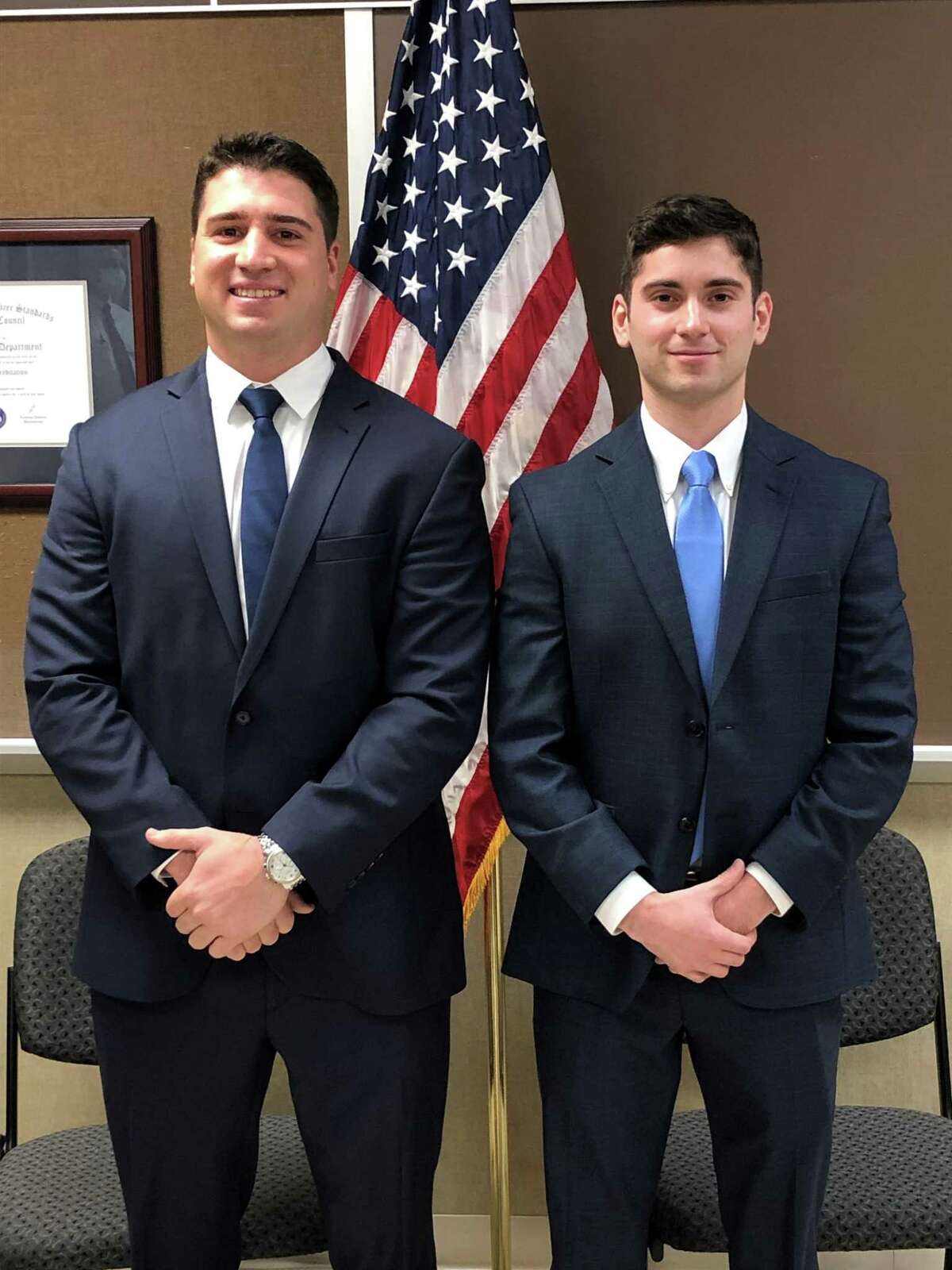 Colin Markus, age 27 of Stratford (left), and Jack Kingdon, age 24 of Woodbury,  were recently sworn in as new officers with the Trumbull Police Department.
