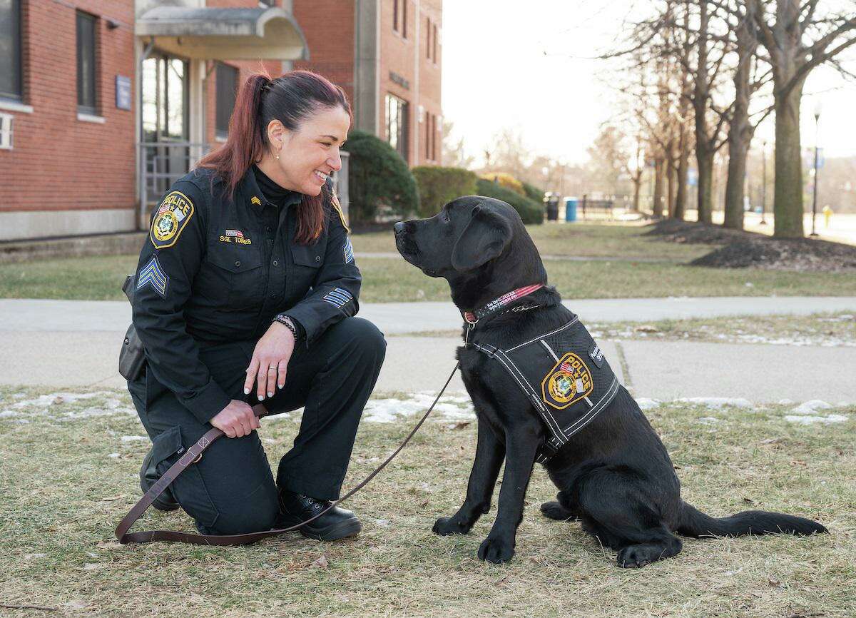 SCSU Police Department Sgt. Cynthia Torres and her therapy dog, Jules.