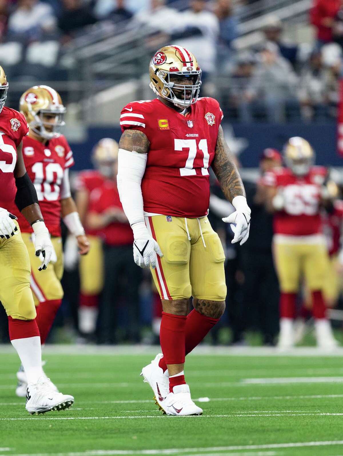 The 49ers’ Trent Williams during a game Jan. 16 against the Cowboys. He’s listed as questionable against the Rams.