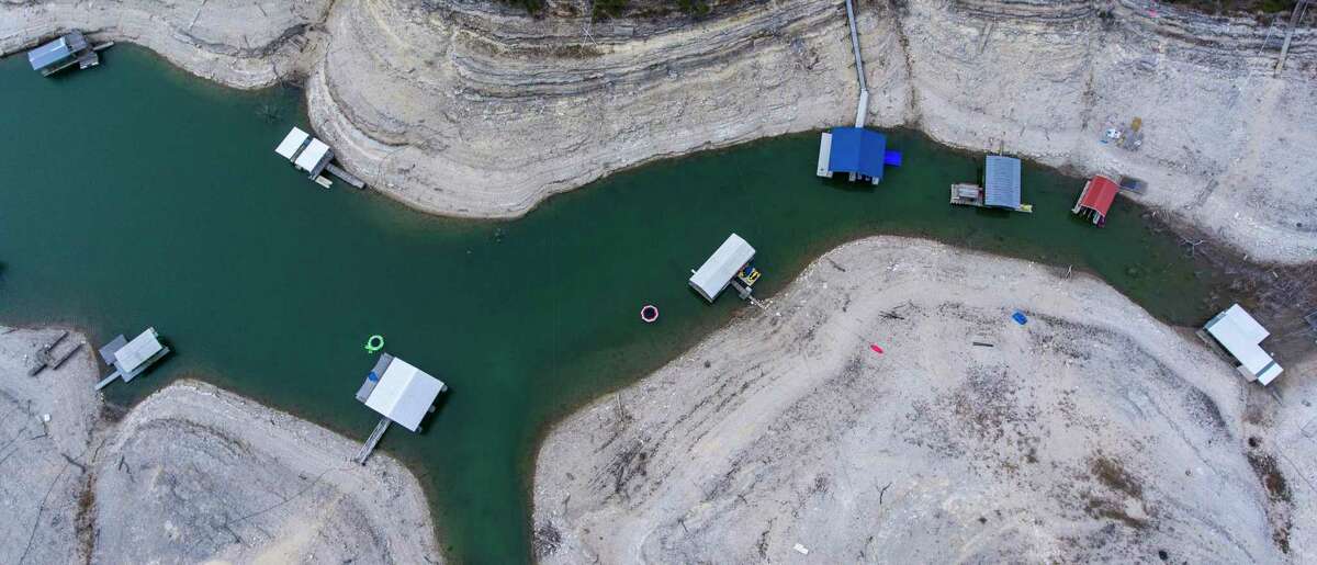 Docks in the Church Cove area of Medina Lake are seen on Jan. 21. Medina Lake was 25.3 percent full that day, down from 40.7 percent a year ago, according to the Texas Water Development Board’s website.