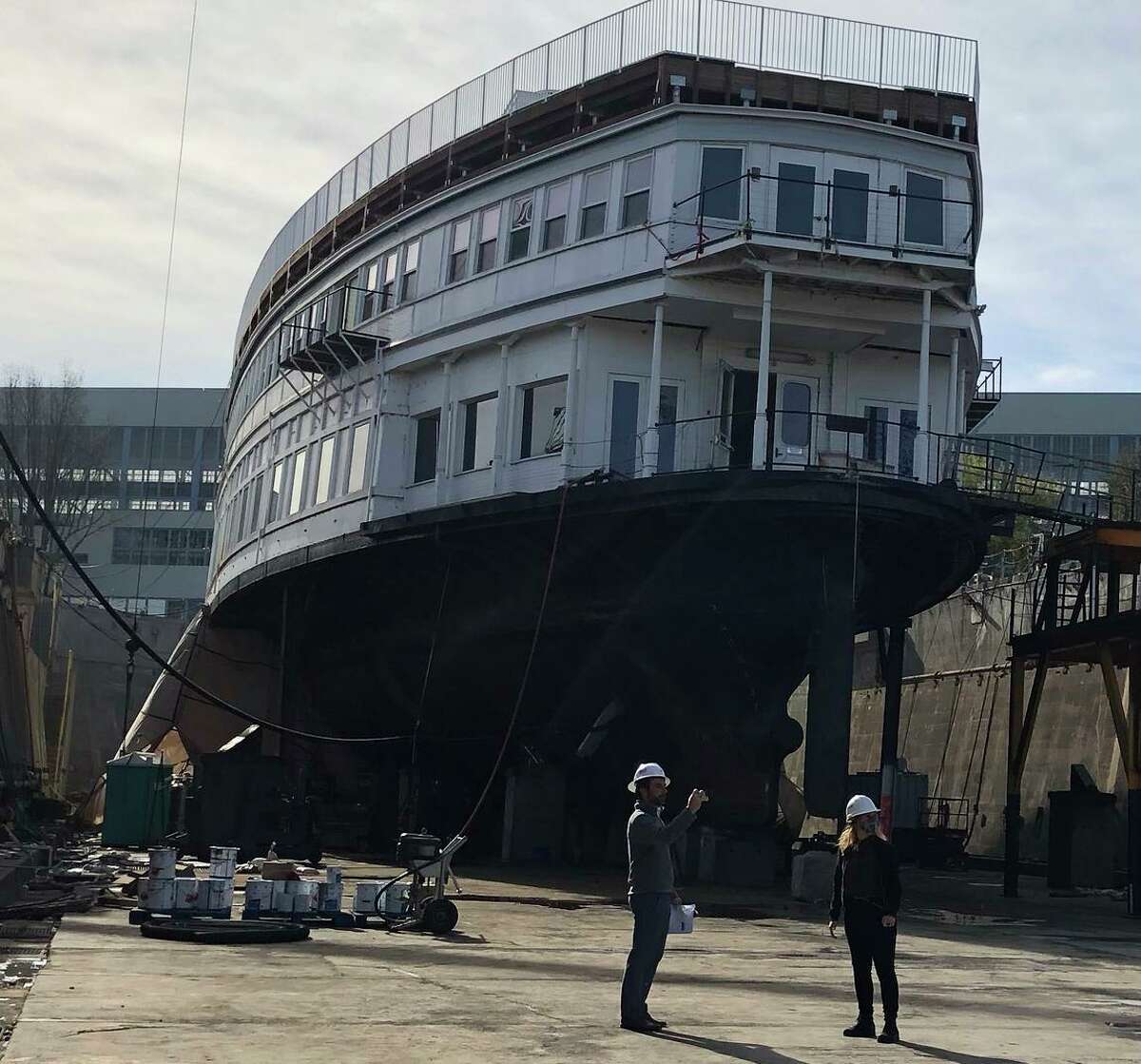 The ferry Klamath is being renovated at a dry dock at Mare Island. It will find new life as the waterfront offices of the influential Bay Area Council.
