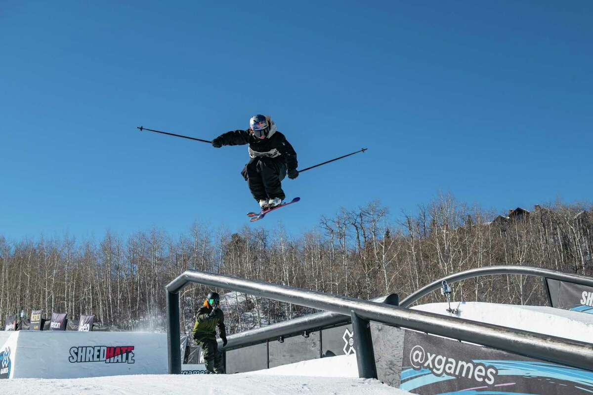 Mac Forehand practices on the Winter X Games slopestyle course at Buttermilk in Aspen, Colo., Thursday, Jan. 20, 2022. (Kelsey Brunner/The Aspen Times via AP)