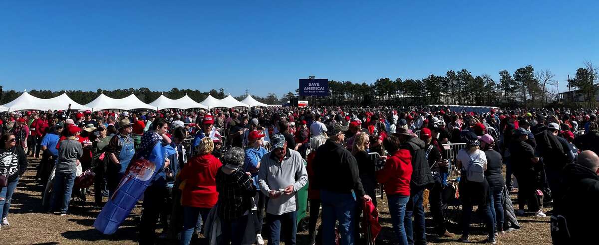 Thousands packed the Montgomery County Fairgrounds hours before the doors opened Saturday, Jan. 29, 2021, for former President Donald Trump’s first Texas MAGA rally since 2019.