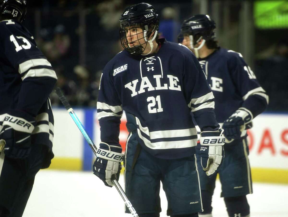 New Canaan’s Briggs Gammill starts for Yale in the opening round of the Connecticut Ice tournament Saturday at Webster Bank Arena in Bridgeport.