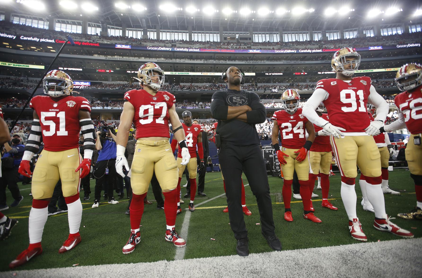 San Francisco 49ers outside linebacker Azeez Al-Shaair (51) is seen during  a wild card NFL football game against the Dallas Cowboys, Sunday, Jan. 16,  2022, in Arlington, Texas. San Francisco won 23-17. (