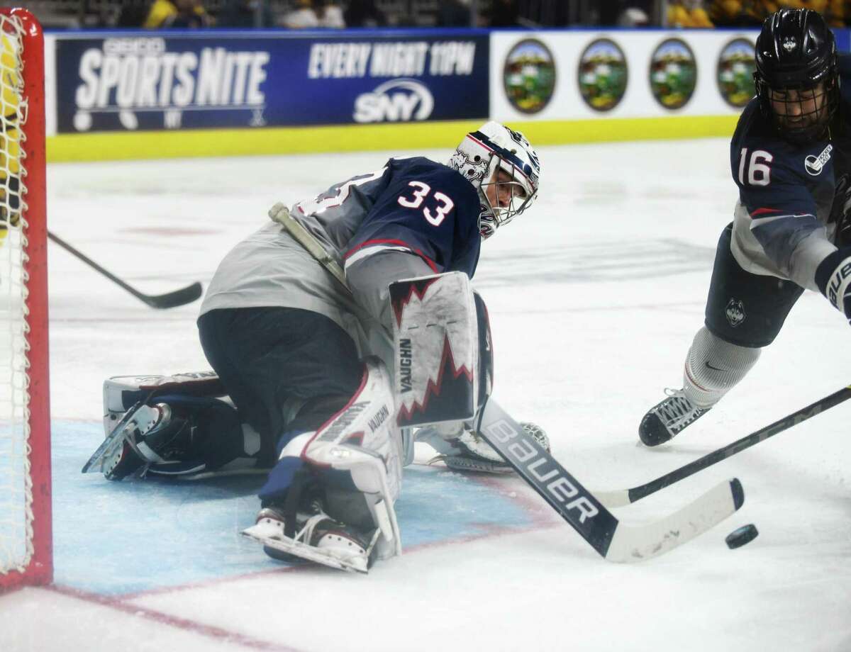 UConn goalie Darion Hanson, seen here during a January game, made 24 saves in a Hockey East semifinal win over Northeastern on Friday.
