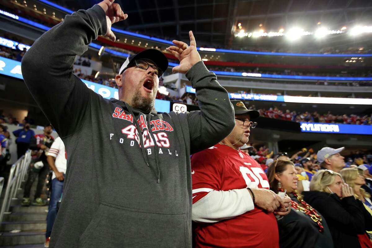 Chris French of Danville, who was among the large number of 49ers fans at SoFi Stadium, reacts to a play in the fourth quarter.