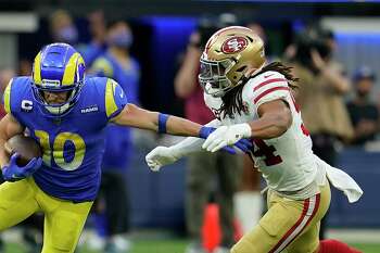 San Francisco 49ers linebacker Dre Greenlaw (57) lines up to take on the  Los Angeles Rams during the NFL NFC Championship game, Sunday, Jan. 30,  2022 in Inglewood, Calif. The Rams defeated