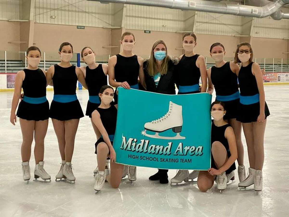 Members of the Midland Area High School Figure Skating team who competed recently at Alpena are (front, from left) Eloise Laverty and Kyra Barr; and (back, from left) Brooklyn Sturtz, Angelyn Wiedyk, Makayla Greathouse, Susie Shulz, coach Teri Haag, Chloe Adam, Ciarra Franklin and Lela Travis. 