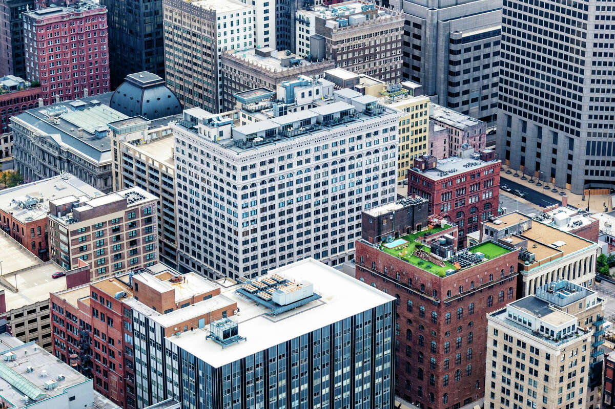 Full frame, close up aerial view of the center of downtown St. Louis, Missouri and its building facades.