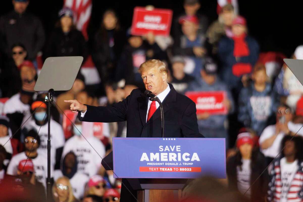 Former president Donald Trump speaks at the Save America Rally in Conroe, Texas, on Jan. 29. MUST CREDIT: Photo by Michael Stravato for The Washington Post.
