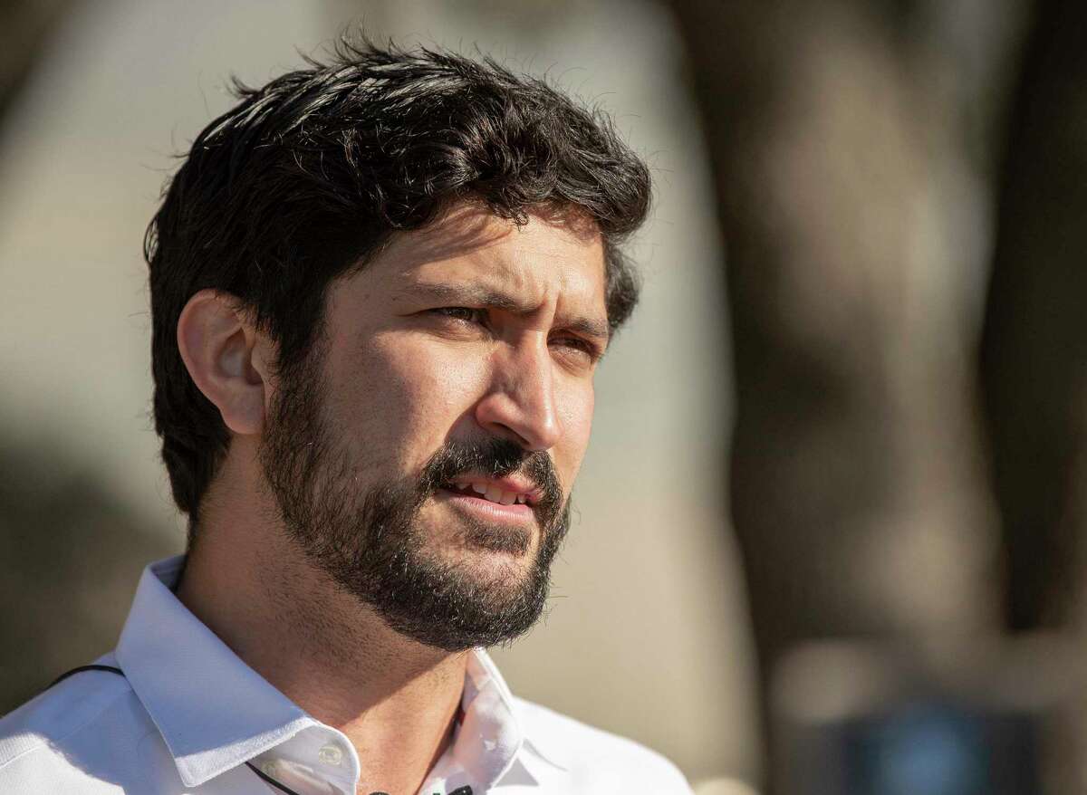 Greg Casar talks to the media after filing to run for the 35th Congressional District at the Texas Democratic Headquarters at One Highland Center on Wednesday December 1, 2021.