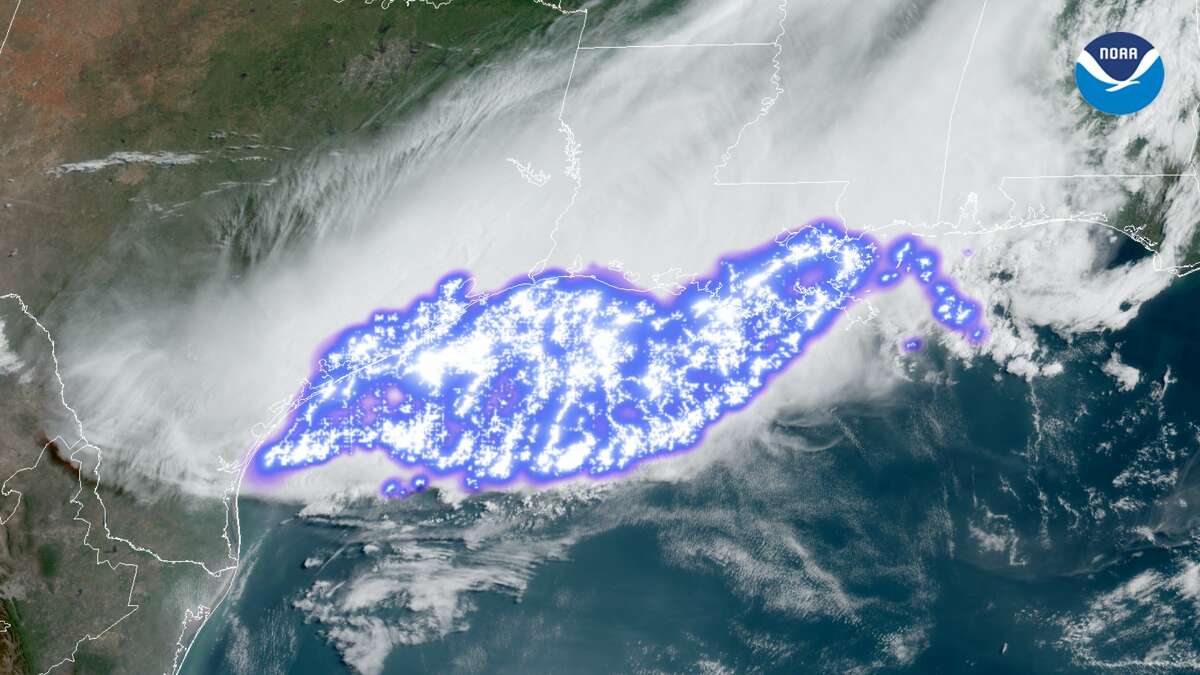 This image shows a collection of lightning strikes within a large thunderstorm cluster that moved across the western Gulf Coast states on April 29, 2020. Within that complex, one of the lightning flashes was found to be the longest single flash that covered a horizontal distance on record. This image was taken by the Geostationary Lightning Mapper on NOAA's GOES-16 satellite.