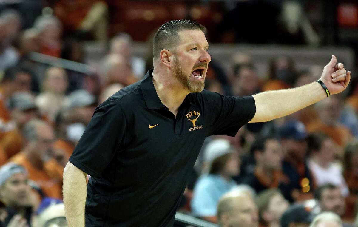 Head coach Chris Beard of the Texas Longhorns yells to his players against the Oklahoma State Cowboys at The Frank Erwin Center on Jan. 22, 2022 in Austin, Texas. (Chris Covatta/Getty Images/TNS)