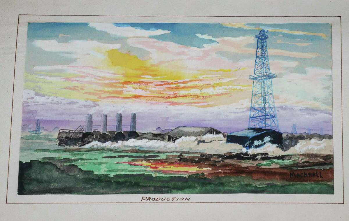 A drawing of the Humble Oil operations in the 1940s. Thomas Claud Smith was given a book of drawings and watercolor paintings when he retired, commemorating his career at Humble Oil. It was photographed at his daughter's home on Thursday, Oct. 24, 2019, in Baytown.