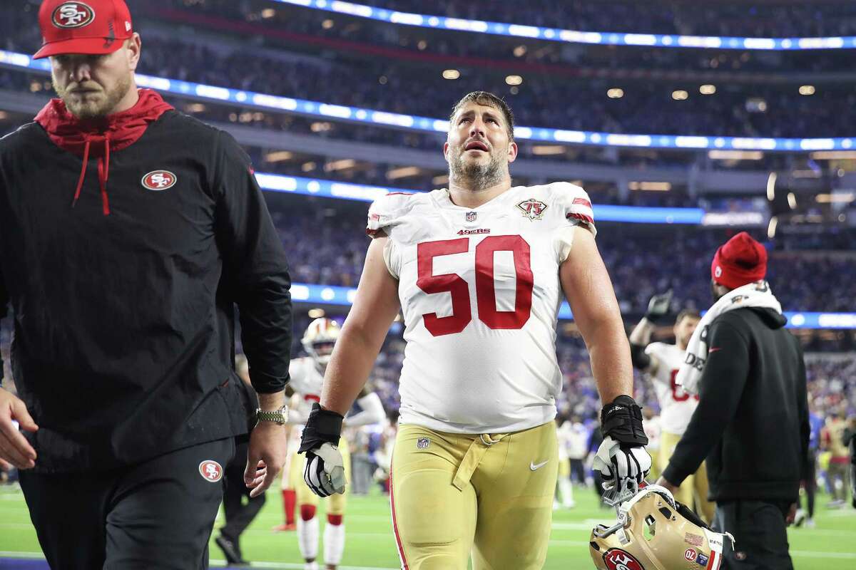 San Francisco 49ers center Jake Brendel heads to the locker room