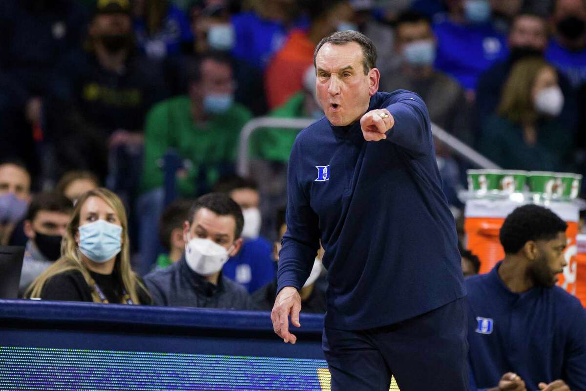 Duke head coach Mike Krzyzewski directs his players during the second half of an NCAA college basketball game against Notre Dame, Monday, Jan. 31, 2022, in South Bend, Ind. (AP Photo/Robert Franklin)