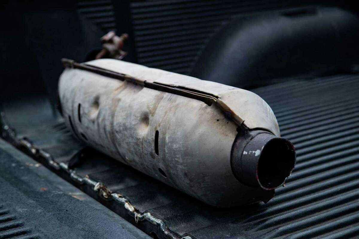 A stolen catalytic converter recuperated by police in Houston, Texas, in June 2021.