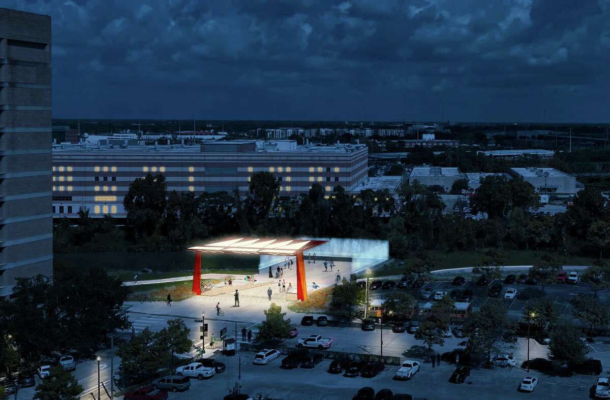 A computer-generated image of the Joe Campos Torres Justice Pavilion, the central element of phase 2 of a memorial planned by his family and Latino leaders in Houston for the veteran killed by police officers in 1977, designed by ROGERS PARTNERS Architects+Urban Designers.