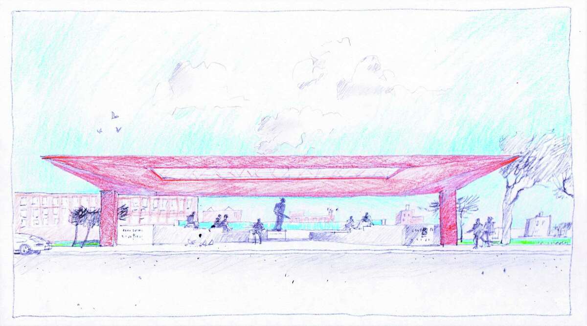 Sketch of the Joe Campos Torres Justice Pavilion by architect William T. Cannady, a Rice University Professor Emeritus and creator of the Gus S. Wortham Memorial Fountain on Allan Parkway in Houston. The pavilion is the central feature of a project envisioned by the family of Joe Campos Torres for a memorial in the area along the Buffalo Bayou where the veteran was killed by Houston police officers in 1977. A Cannady's water fountain is part of the project, colored in turquoise in the sketch.