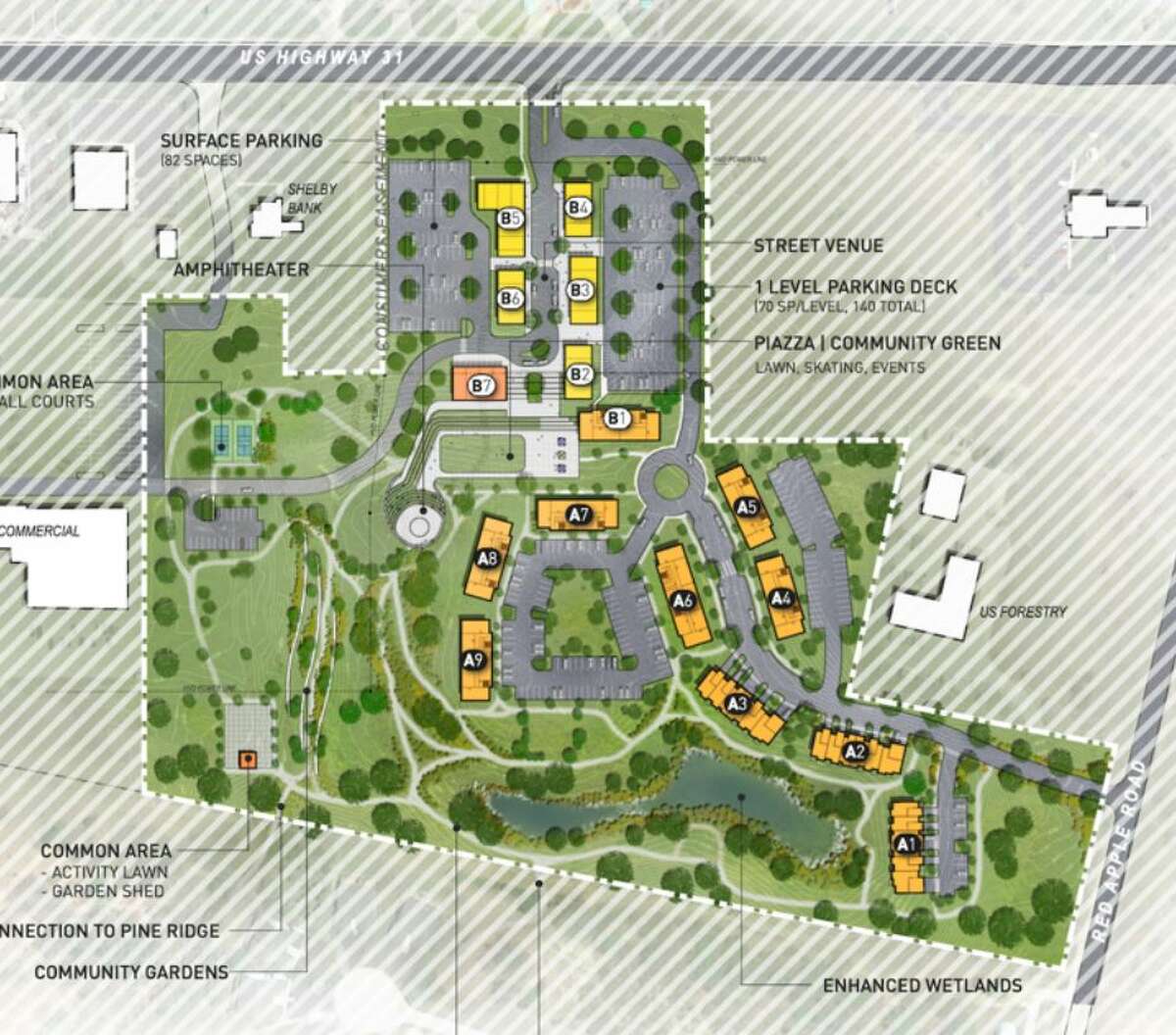 A map produced by Integrated Architecture, of Grand Rapids, shows a possible layout for the Hamlet of Filer Township, a proposed mixed-use development. 
