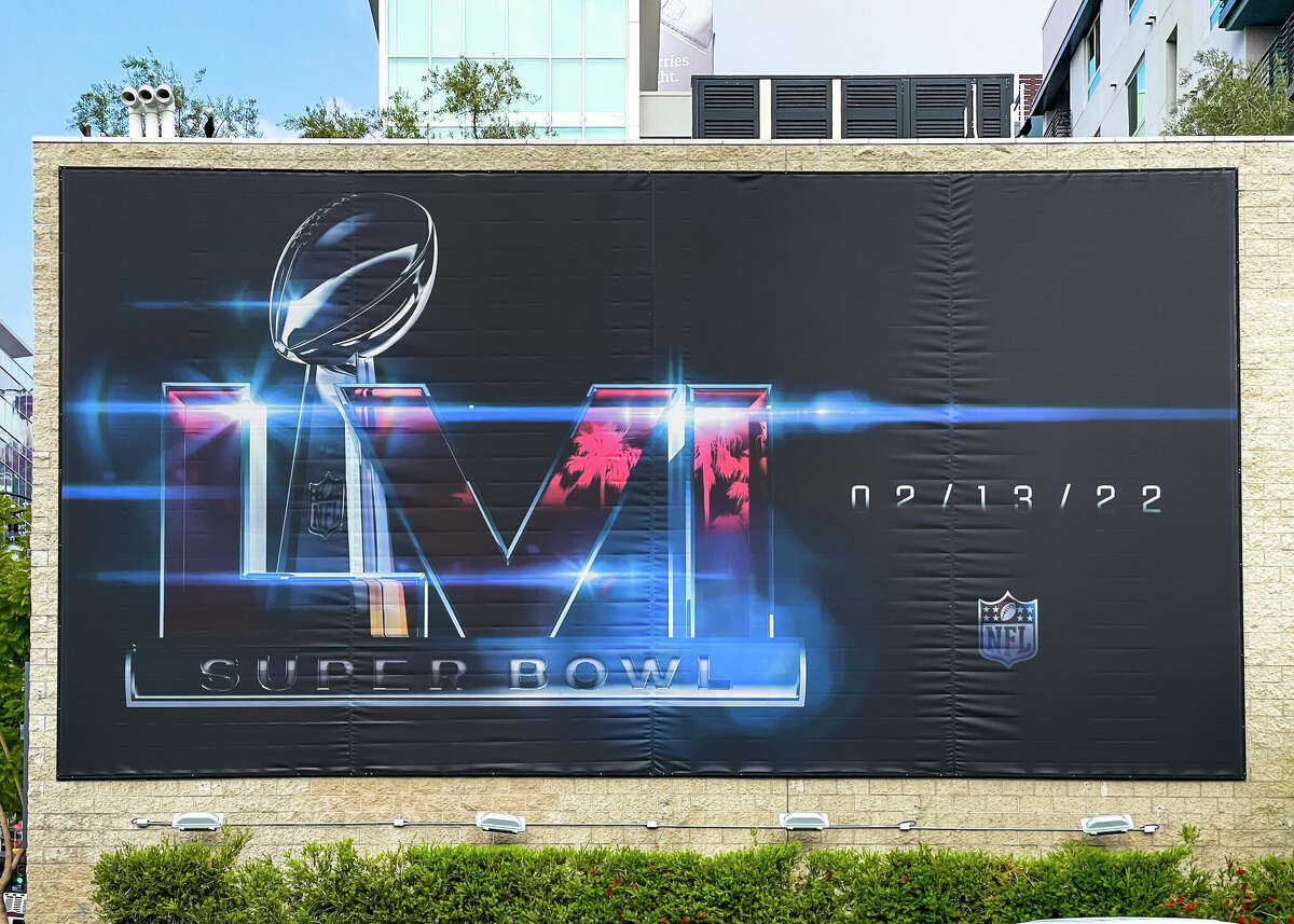 HOLLYWOOD, CA - JANUARY 18: General view of a billboard near Hollywood & Vine featuring the Vince Lombardi Trophy, promoting Super Bowl 56 (Super Bowl LVI) to be held at the SoFi Stadium in Los Angeles on January 18, 2022 in Hollywood, California. (Photo by AaronP/Bauer-Griffin/GC Images)