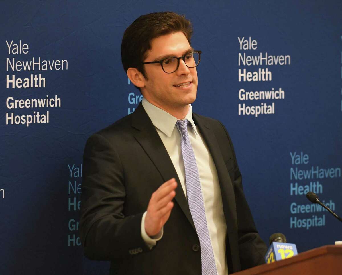 State Sen. Ryan Fazio, R-Greenwich, speaks at a press conference to address the national blood shortage at Greenwich Hospital in Greenwich, Conn. Tuesday, Feb. 1, 2022. Fazio has not yet officially launched his reelection campaign but confirmed on Monday that he will seek a full term this November.