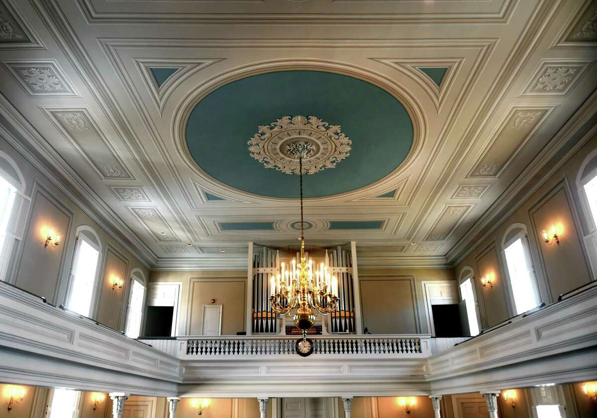 The ceiling of the First Church of Christ in Woodbridge photographed on Jan. 27, 2022, has been painted in the trompe l’oeil style to appear three-dimensional as part of the restoration of the church..