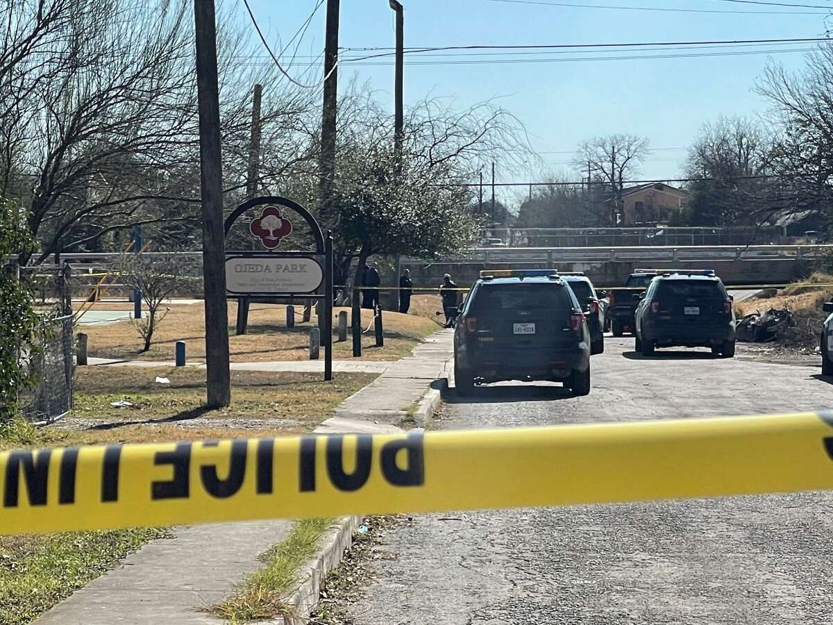 San Antonio police secured an area at Ojeda Park on the West Side where a man was found dead on Tuesday, Feb. 1, 2022.