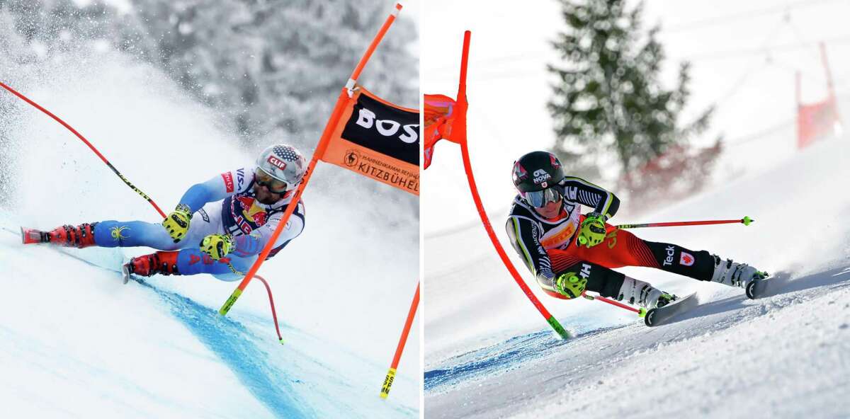 A composite image of Travis Ganong (left) of Team United States competes during the Audi FIS Alpine Ski World Cup Men's Downhill on January 23, 2022 in Kitzbuehel Austria and Marie-michele Gagnon (right) of Team Canada competes during the FIS Alpine Ski World Cup Women's Downhill on January 22, 2022 in Cortina d'Ampezzo Italy.