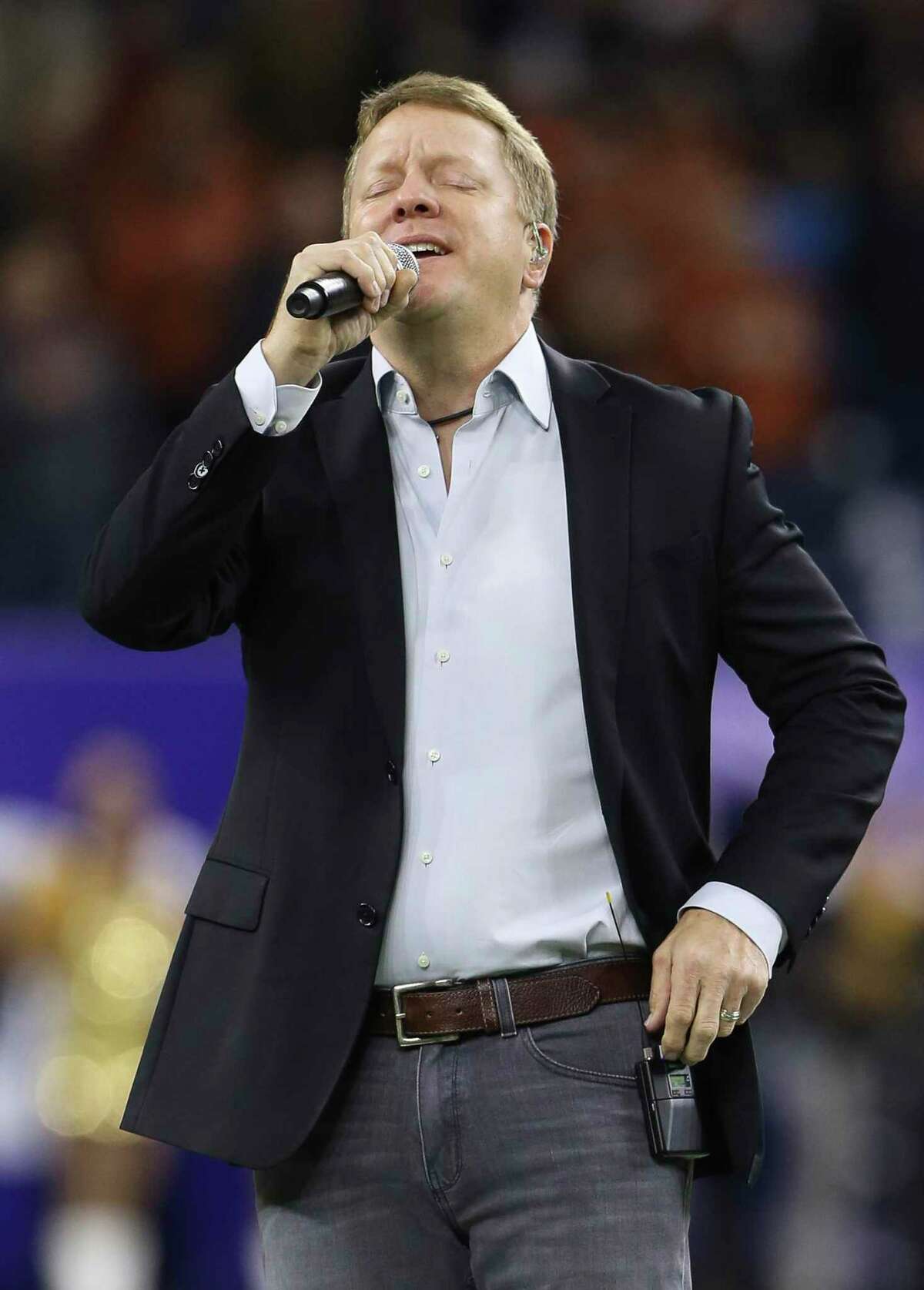 Cory Morrow performs National Anthem during the opening ceremony of the 2017 Academy Sports + Outdoors Texas Bowl game at NRG Stadium on Wednesday, Dec. 27, 2017, in Houston.