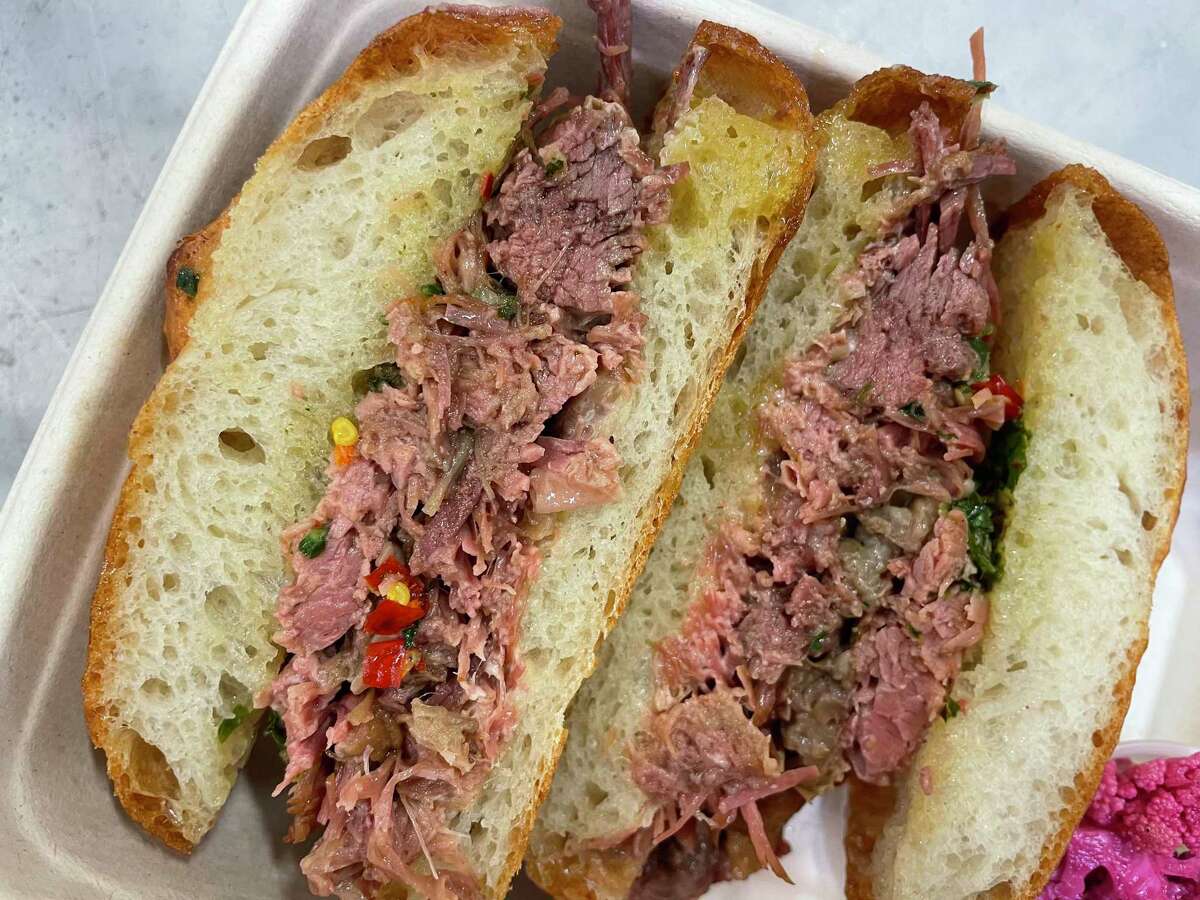 JoJo's Bollito features braised beef and salsa verde at Chuck's Takeaway, Charles Phan's San Francisco sandwich shop in the Mission District.
