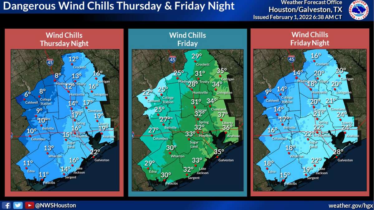 Houston will experience wind chill temperatures in the teens Thursday night.
