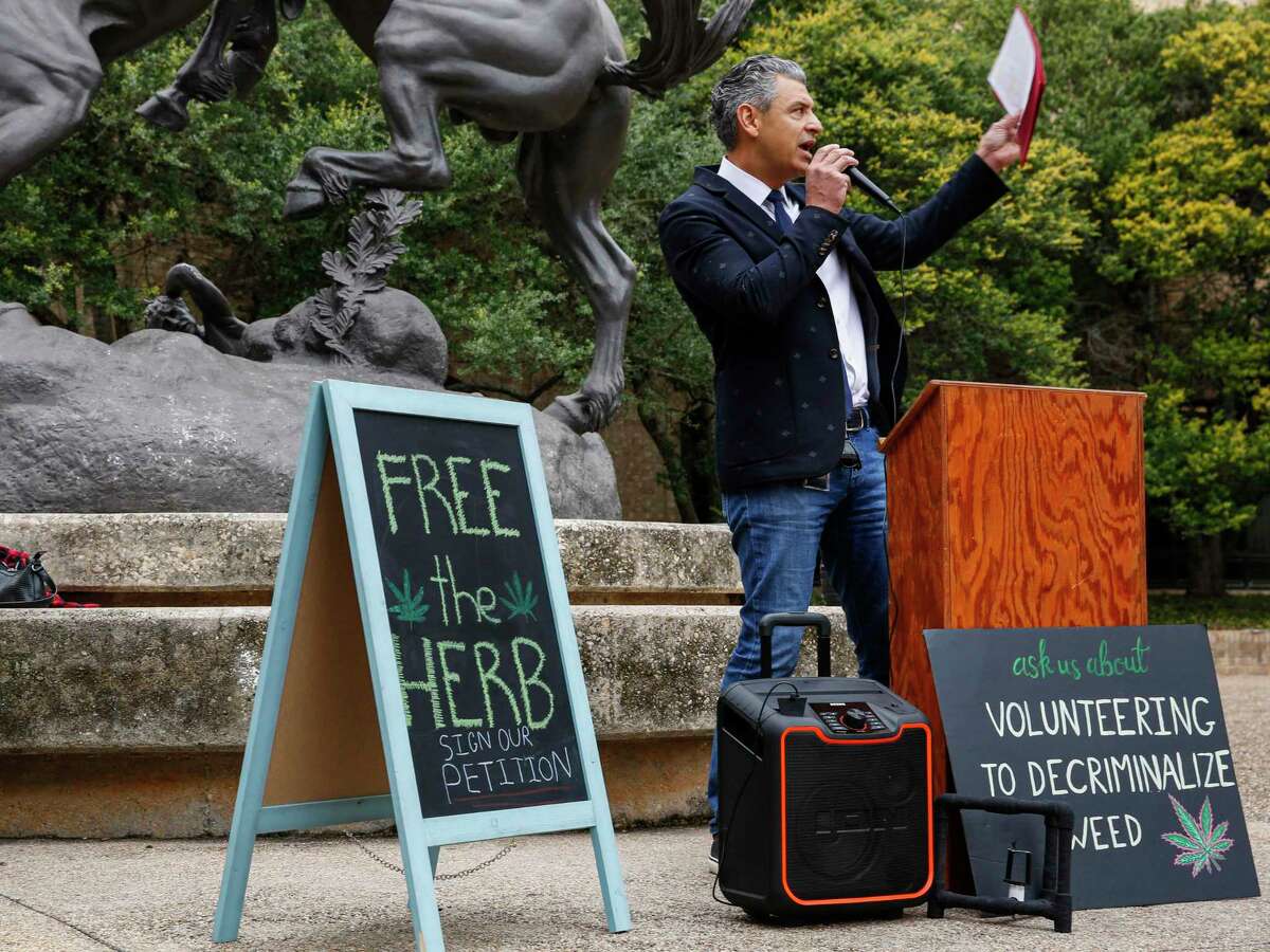 Hays County Judge Ruben Becerra talks about his support for cannabis decriminalization on the Quad of Texas State University in San Marcos, Texas, Tuesday afternoon, Feb. 1, 2022.